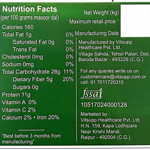 Farmer's Fresh Masoor Dal - Nutrition Chart
